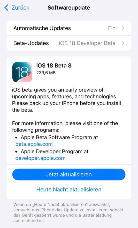 拖市镇苹果手机维修分享苹果 iOS / iPadOS 18 开发者预览版 Beta 8 发布 